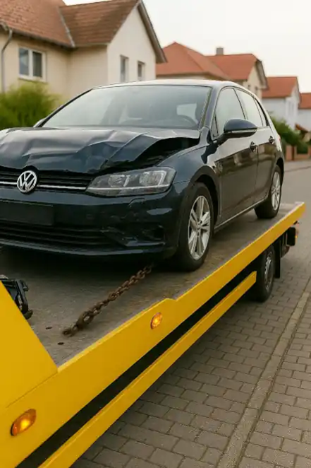 Defektes Fahrzeug wird zum Autoankauf in Brühl abgeschleppt, um unkompliziert den Wert zu realisieren.